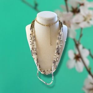Melanie Auld | NWOT Long Gold Tone/Neutral Boho Crstal Beaded Necklace